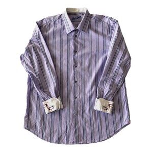 Robert Graham Button Up Shirt Flip Cuffs Mens 17, L/XL Purple Striped